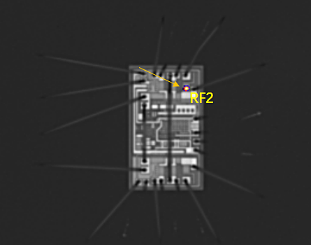 OBIRCH測試,發現異常的RF2腳與GND之間,進行精準掃描,圖像上瞬間呈現出一個異常明亮的斑點 OBIRCH測試,發現異常的RF2腳與GND之間,進行精準掃描,圖像上瞬間呈現出一個異常明亮的斑點